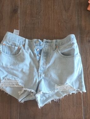 Levi's Light Blue Distressed High-Rise Denim Shorts
